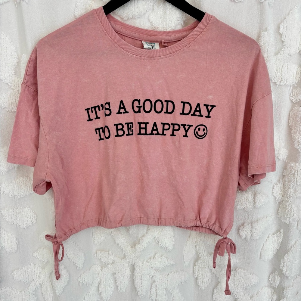 Bloom Pink Cropped Tye Dye Tee with Drawstrings Medium